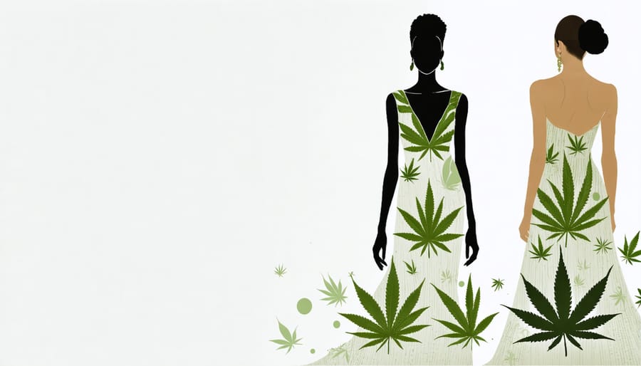 Fashion model on catwalk wearing designer hemp clothing with stylized cannabis patterns