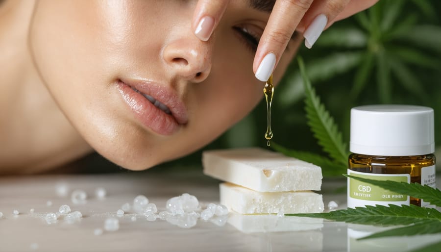 Crystalline CBD oil droplets falling onto luxury glass skincare containers